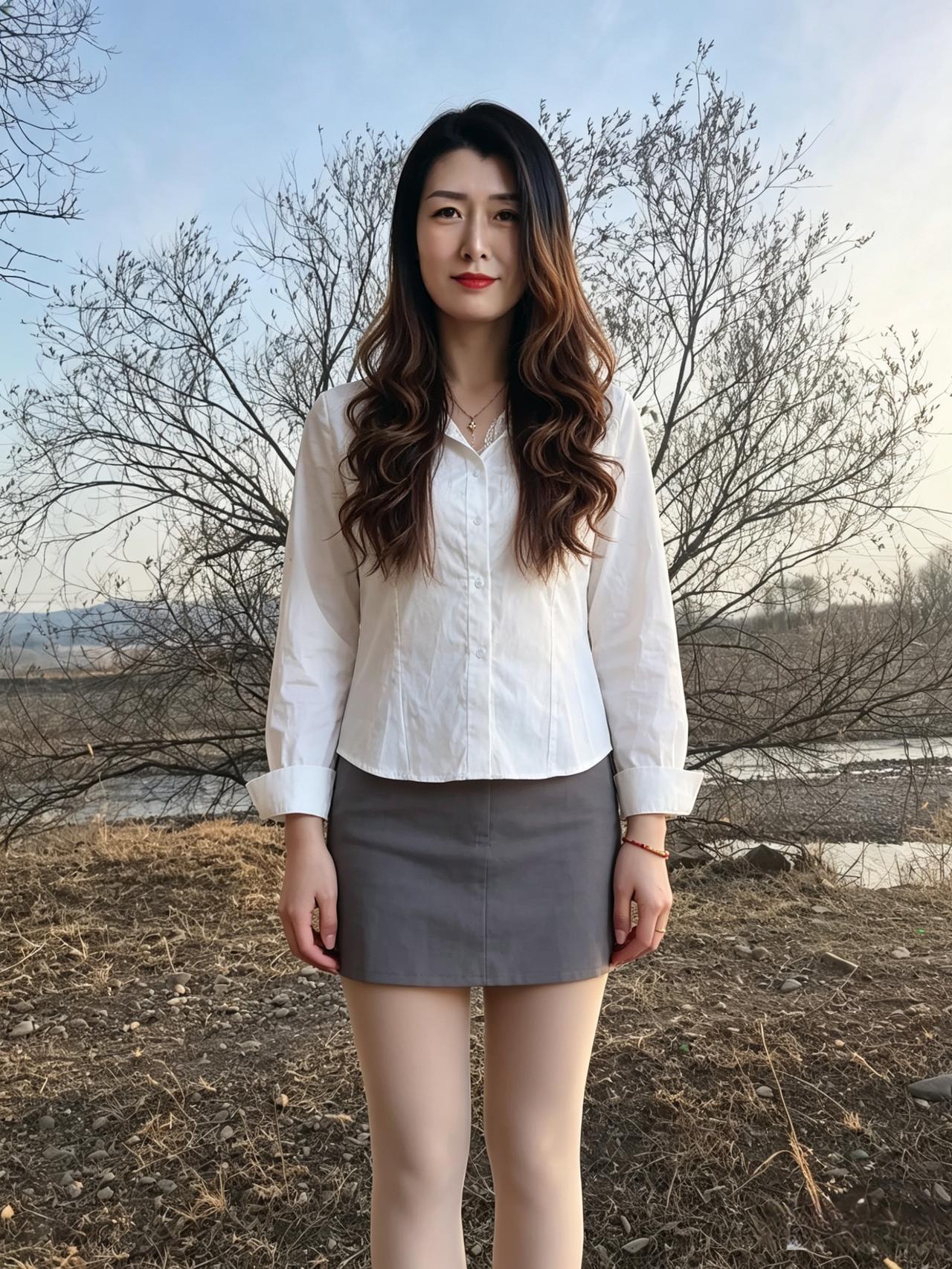 野岸天光净，伊人立浅川。
一身风月色，静婉贬尘凡。