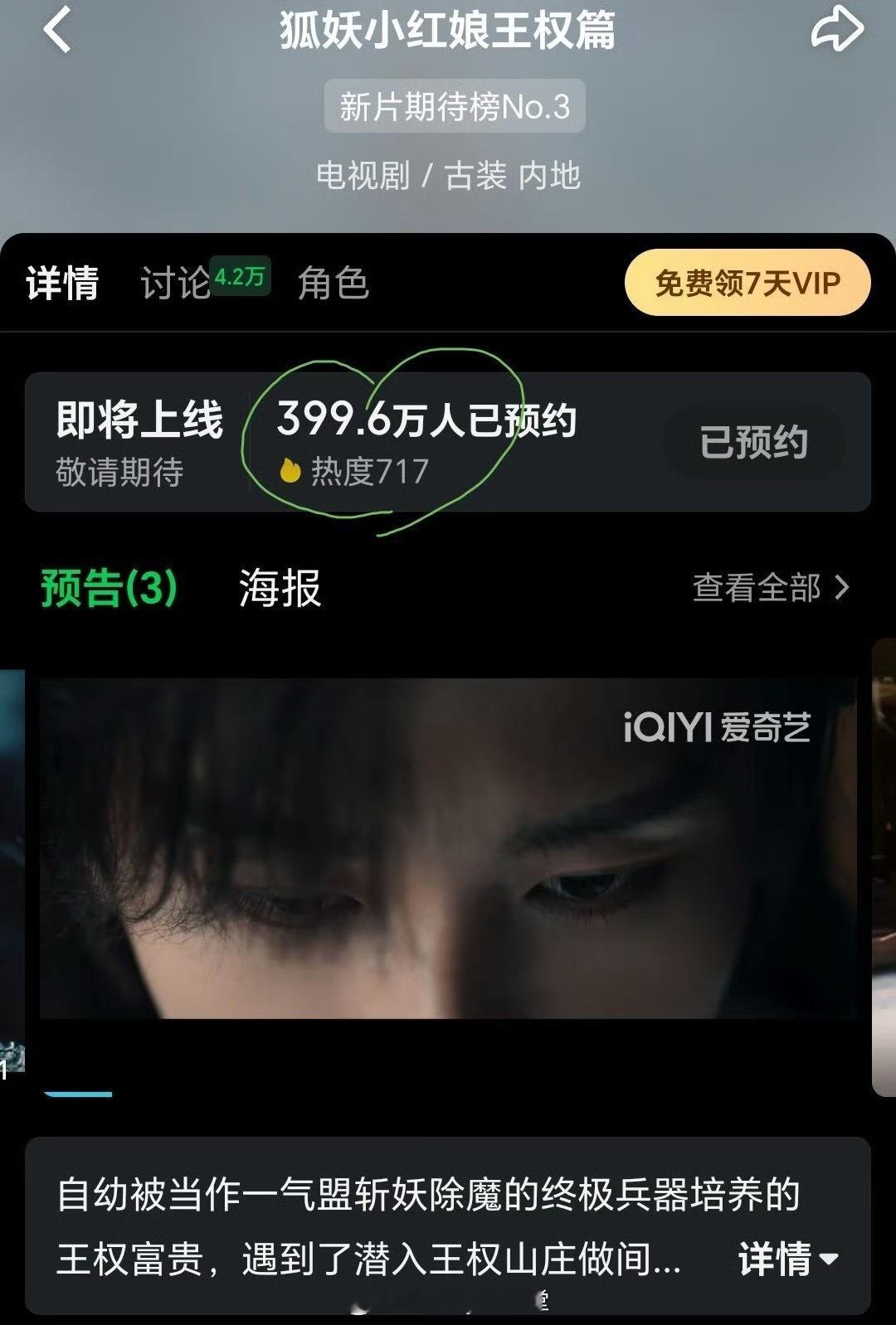 成毅的《狐妖小红娘王权篇》 预约即将突破400万，是不是说明观众大盘还在？ ​​
