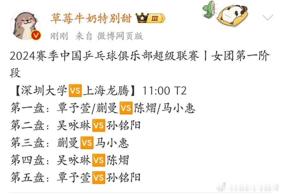 莎莎继续休息，楚钦老师第二盘和第五盘，健康完赛，魏桥加油！ 