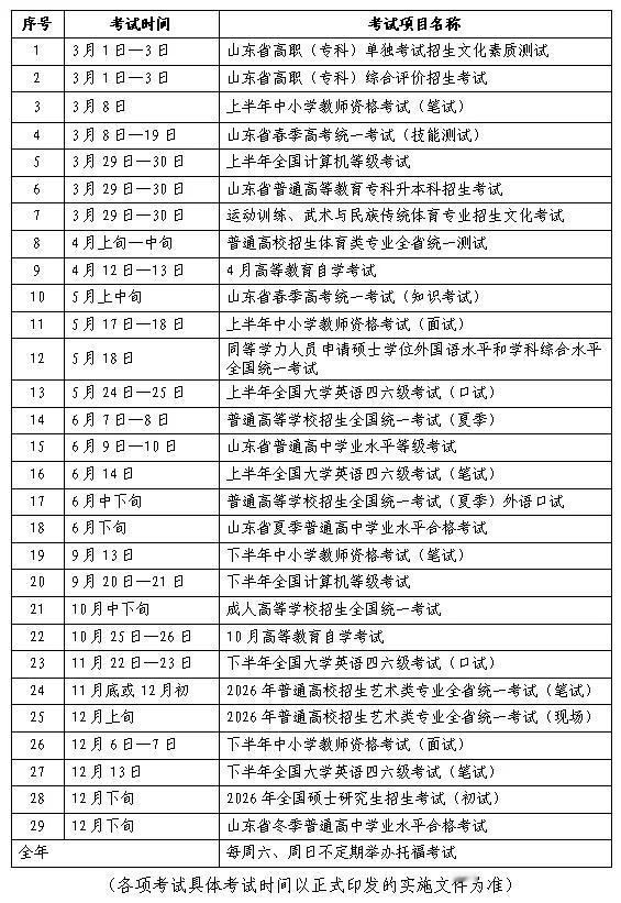 2025年山东省教育考试时间安排表发布