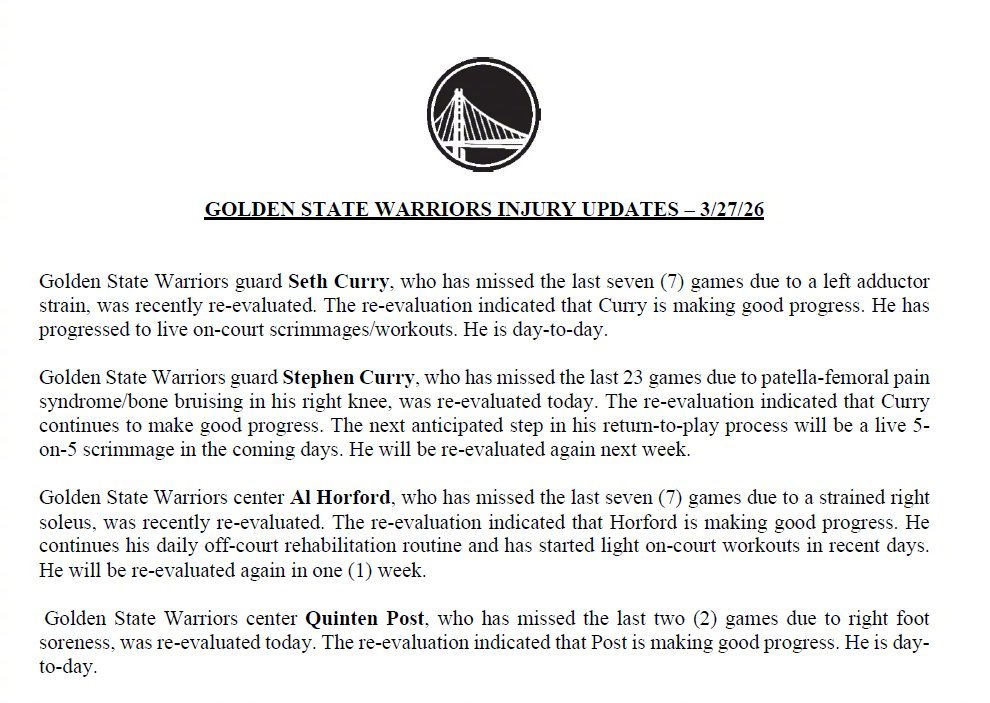 勇士最新伤情报告：塞斯-库里恢复良好，已开始队内对抗训练；斯蒂芬-库里恢复良好，