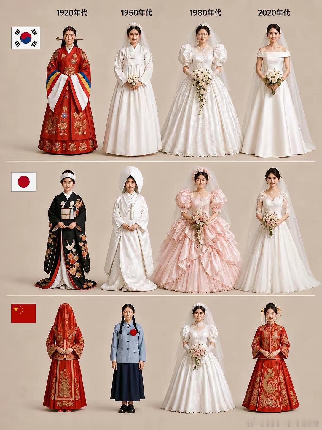 韩国网友发了中日韩三个国家的结婚礼服的变迁，在外网火了！同样一件衣服，放在不同文