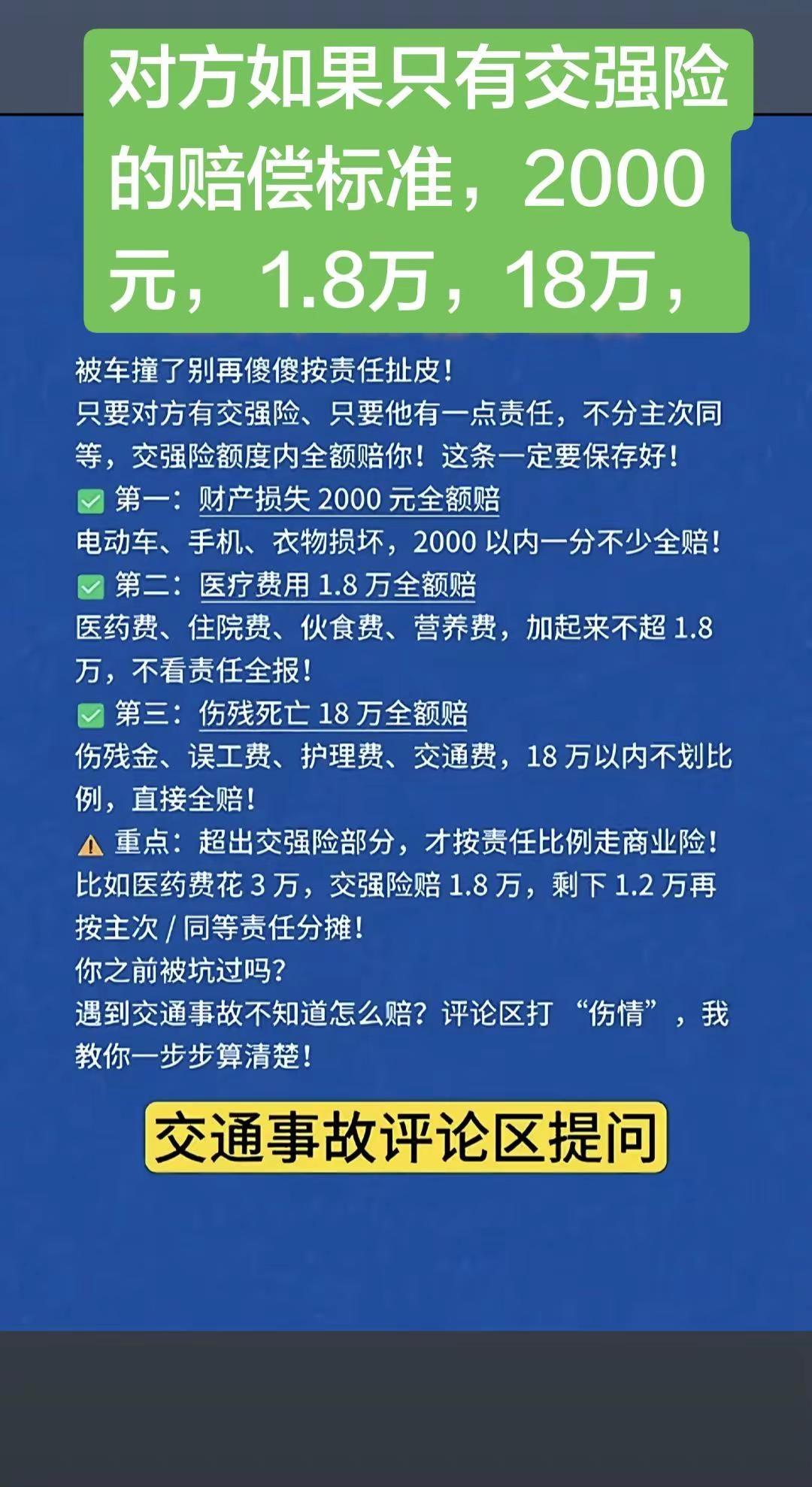 对方如果只有交强险的赔偿标准，1.8万元。对方如果只有交强险的赔偿标准，2000