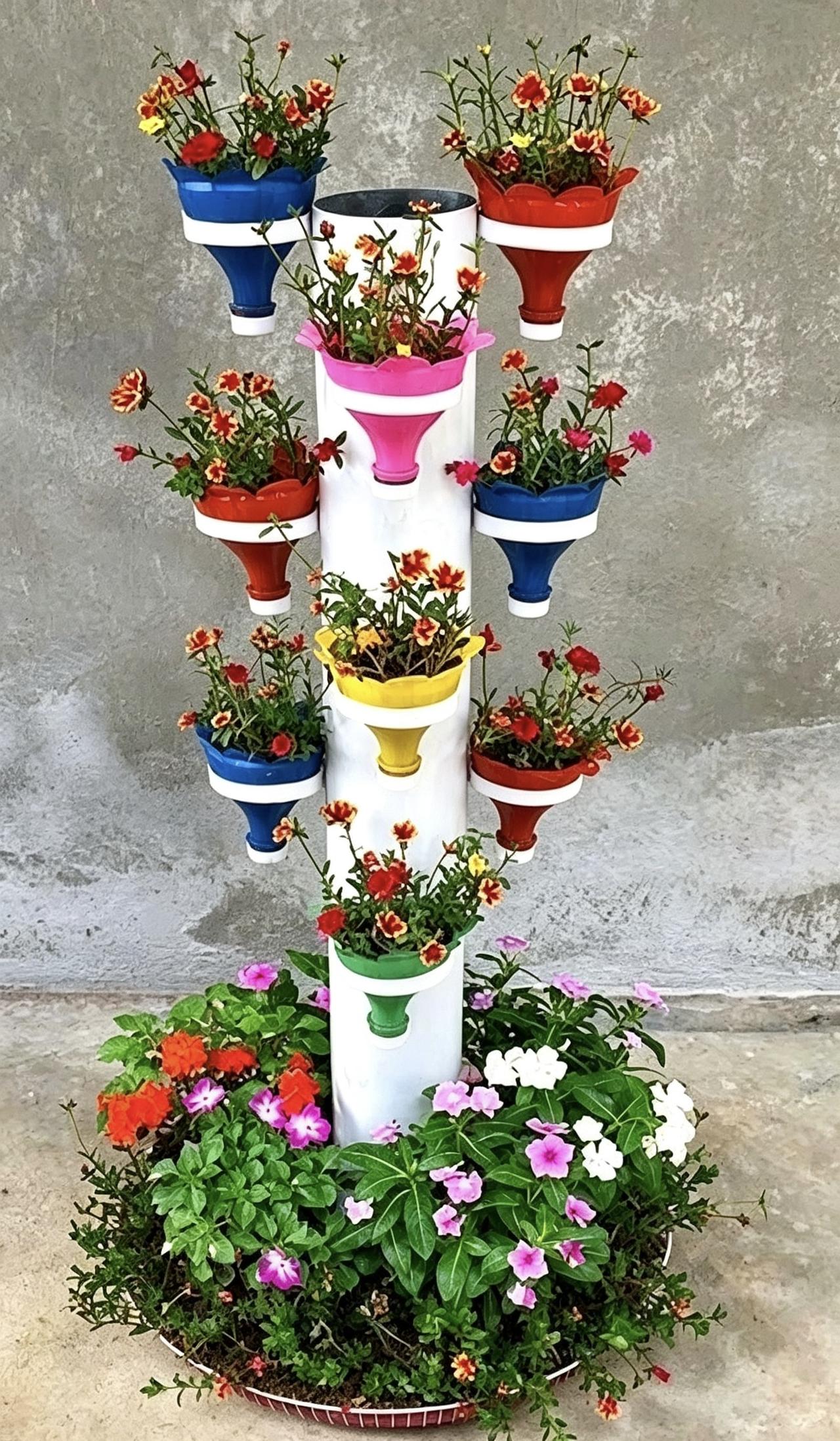 废旧物品拼出立体花塔🌼
底座用旧电风扇面罩，中间主体是废弃PVC水管，花盆全部