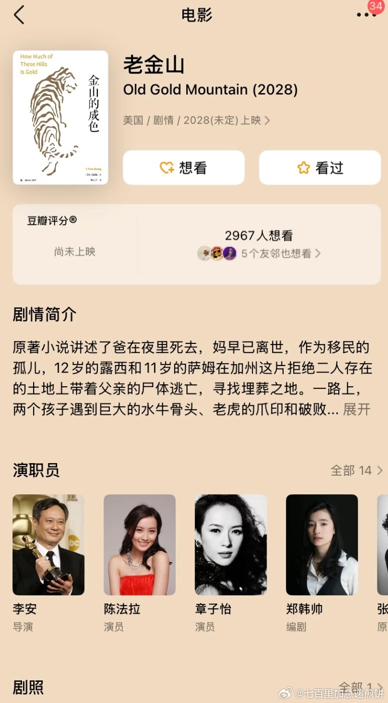 章子怡、陈法拉将拍摄李安的新电影，改编自90后华裔作家张辰极的小说《金山的成色》