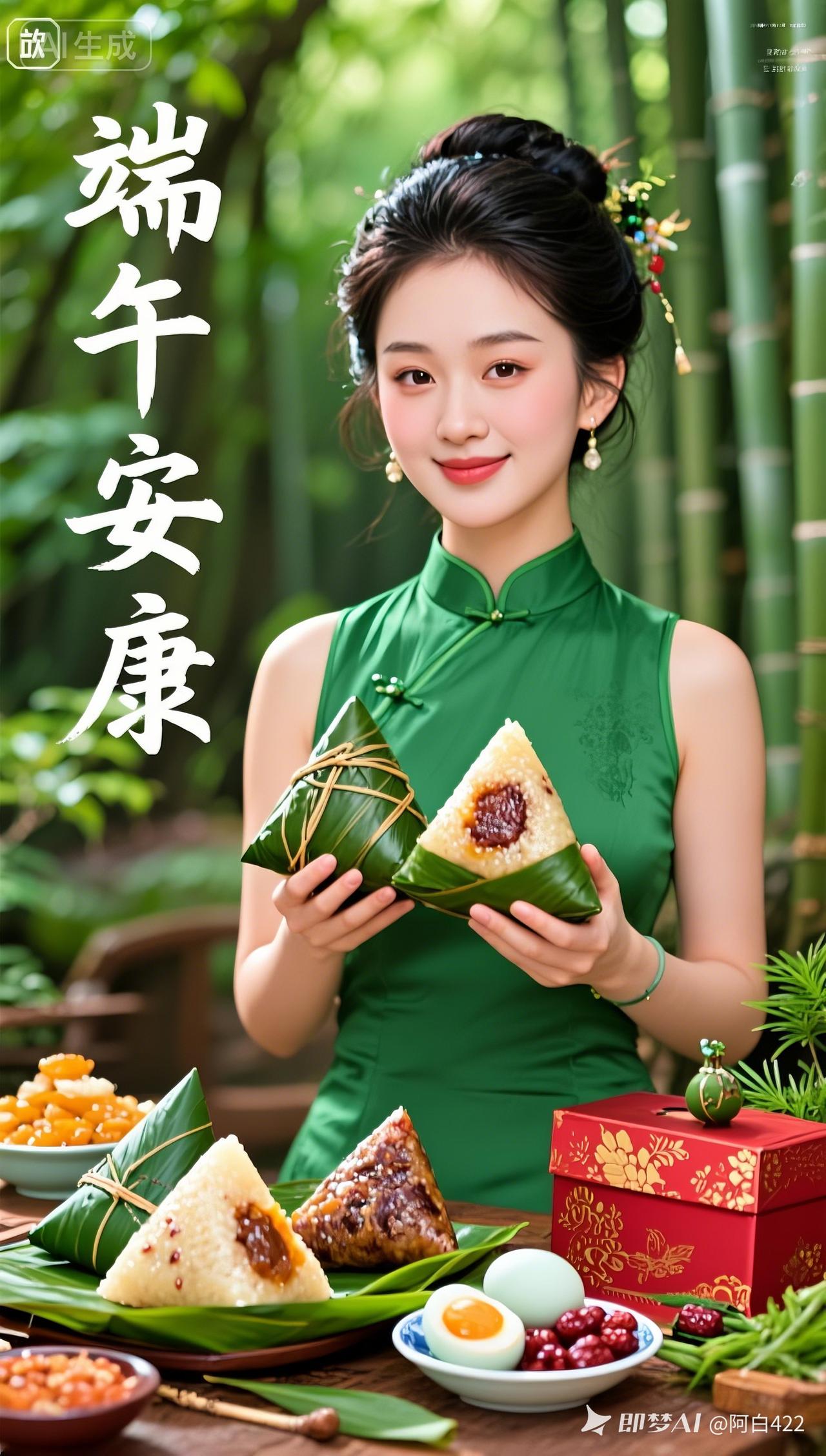 端午安康，绿衣美人手捧粽子，传统美食与自然美景相映成趣。