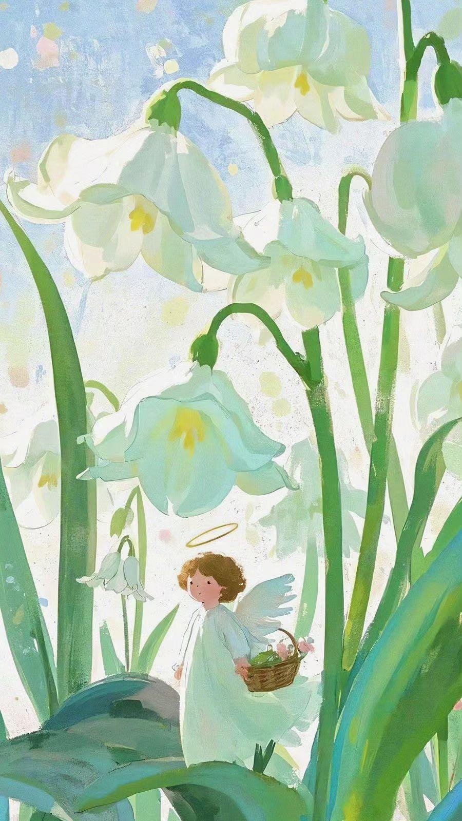 ✨冰蓝花瓣托着月光🌙，小天使藏在春天褶皱里。温柔是无声的絮语☁️