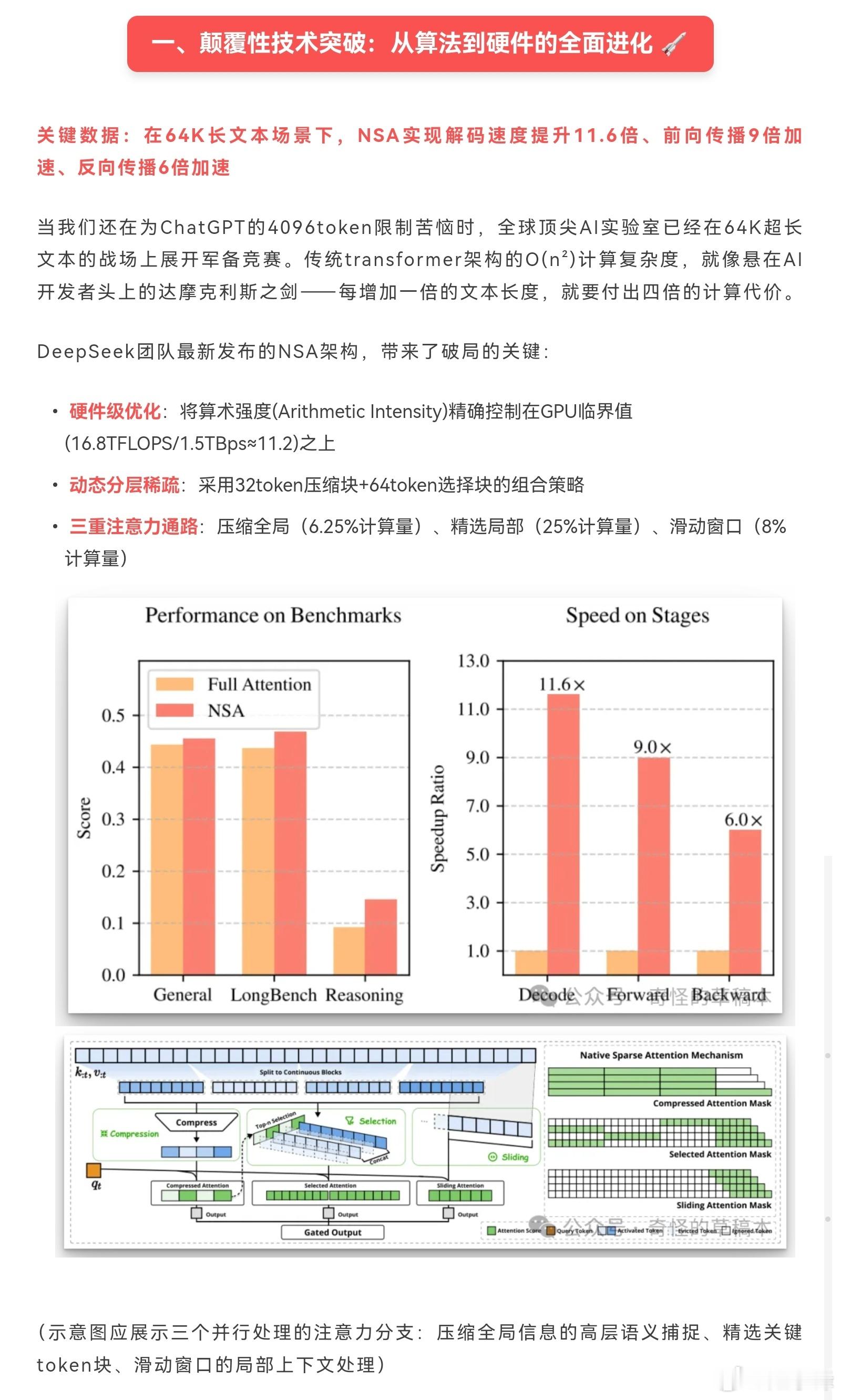 DeepSeek 发布最新论文：大模型长文本推理革命！NSA 突破性稀疏注意力技