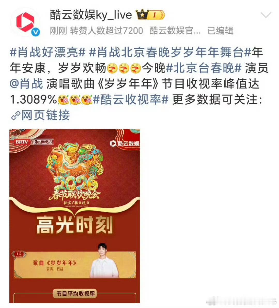 肖战北京台春晚上世趋了昨天北京台春晚收视率大断层啊！  不愧是肖战《岁岁年年》1