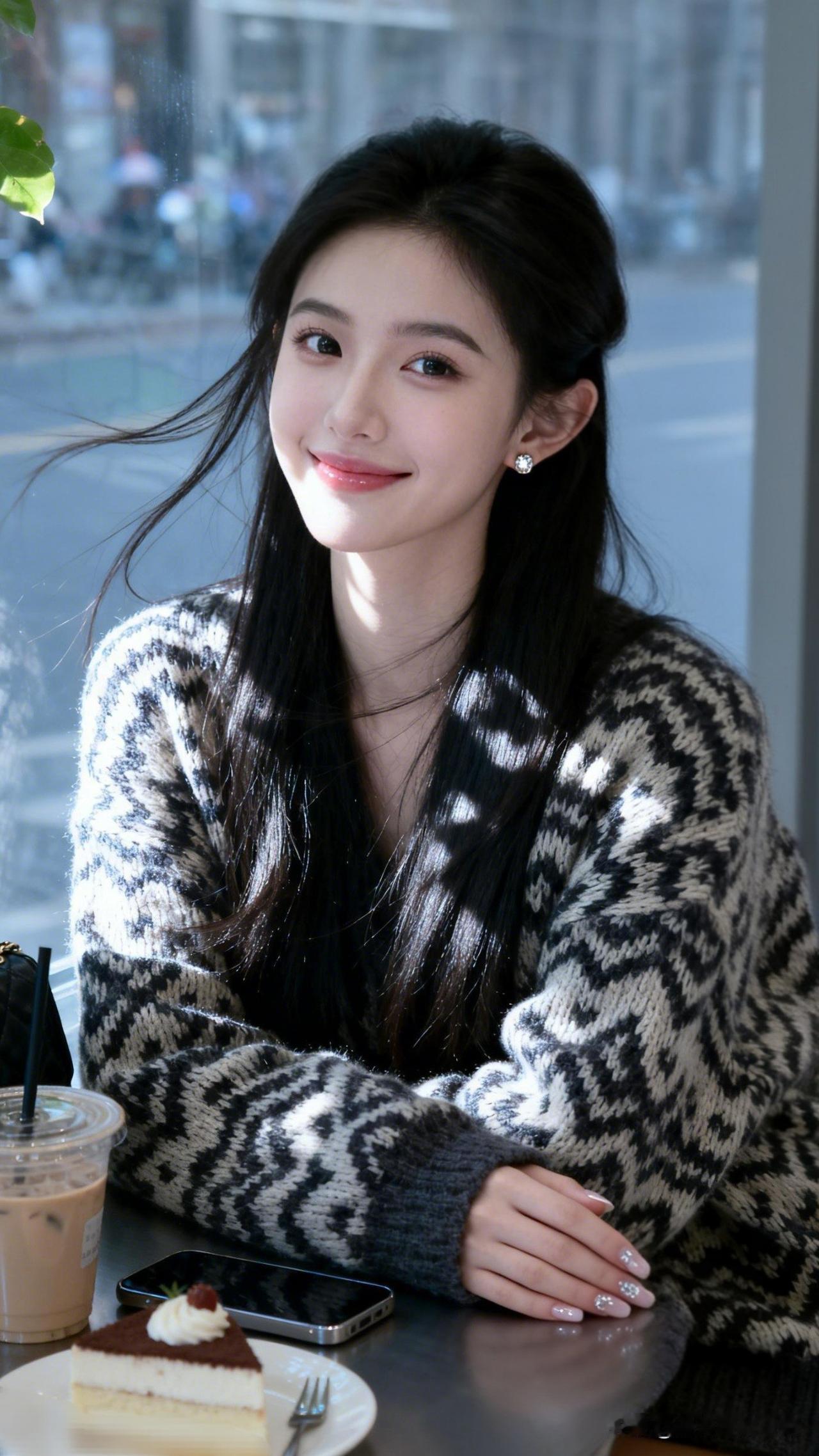 静坐窗前，笑语嫣然。照片记录你眼中的美 阳光洒进咖啡馆，甜美女孩享受悠闲时光🌞