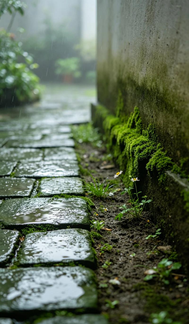 湿润青石板，墙角青苔，散落小野花，空气朦胧薄雾，泥土青草氛围感