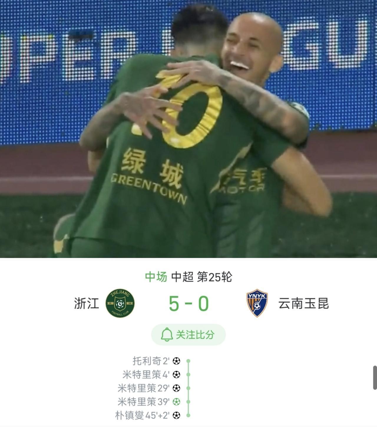 “杀疯了”，上半场浙江队5-0云南玉昆，刷新队史记录，米特里特完成帽子戏法，本轮