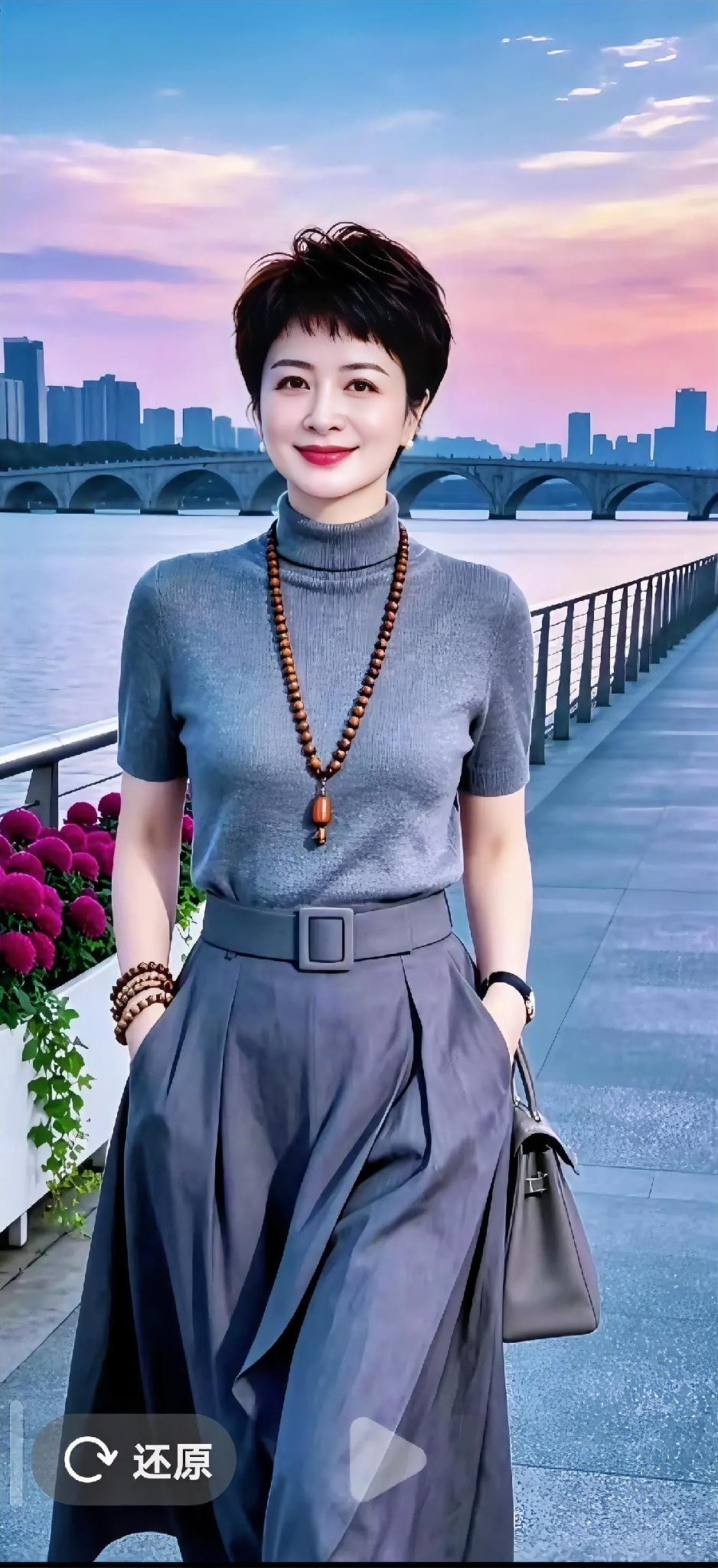 暮色漫过江面，晚风温柔拂面。一身简约灰调穿搭，沉稳又大气，高领针织搭配垂感长裙，