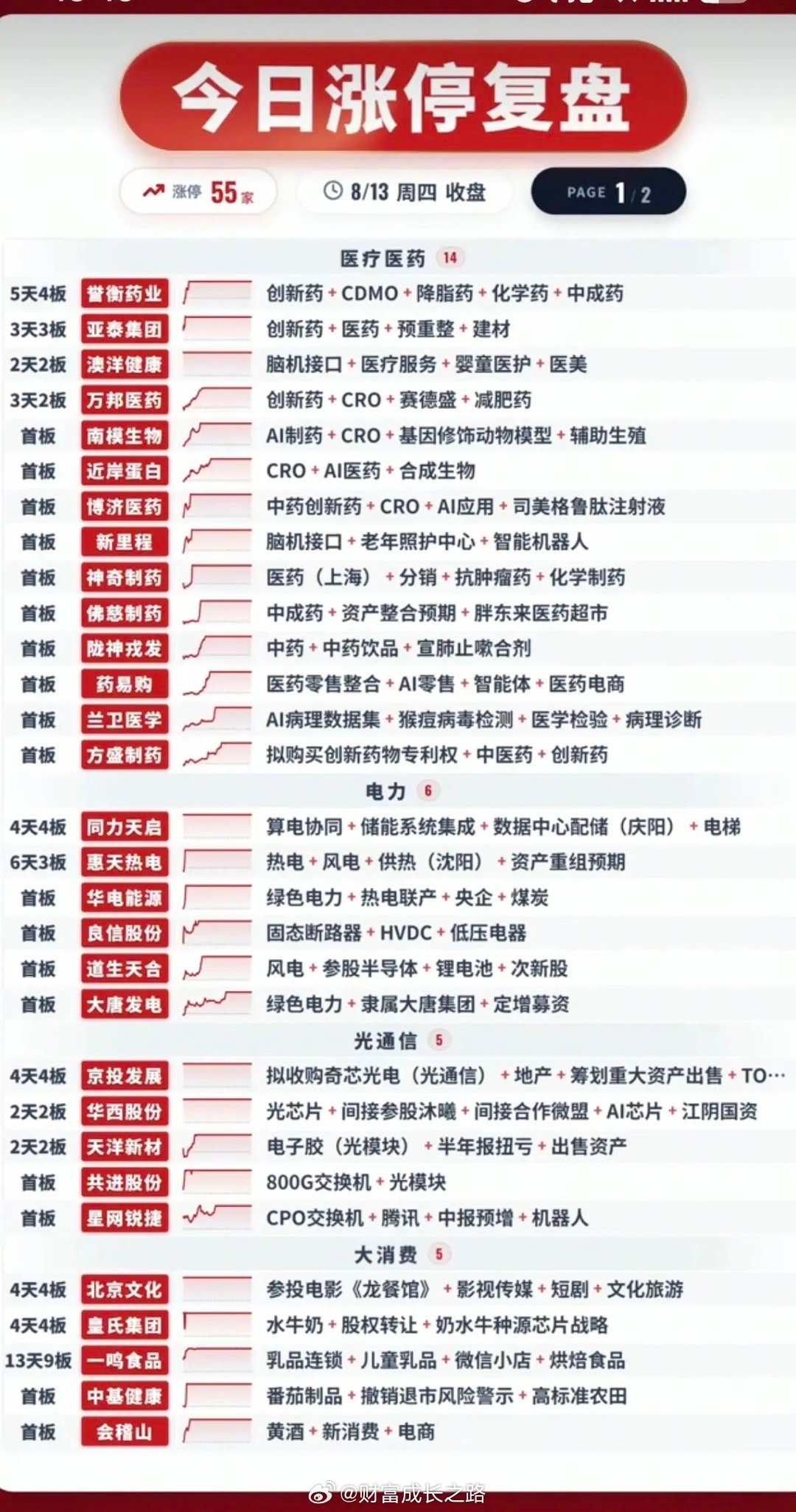 8.13周四  涨停板股票：题材+板块分布！医药医疗   15股涨停大消费   