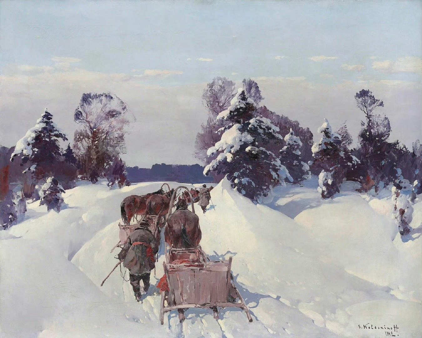 艺术家Stepan Kolesnikov（1879-1955） 的作品冬雪里的人