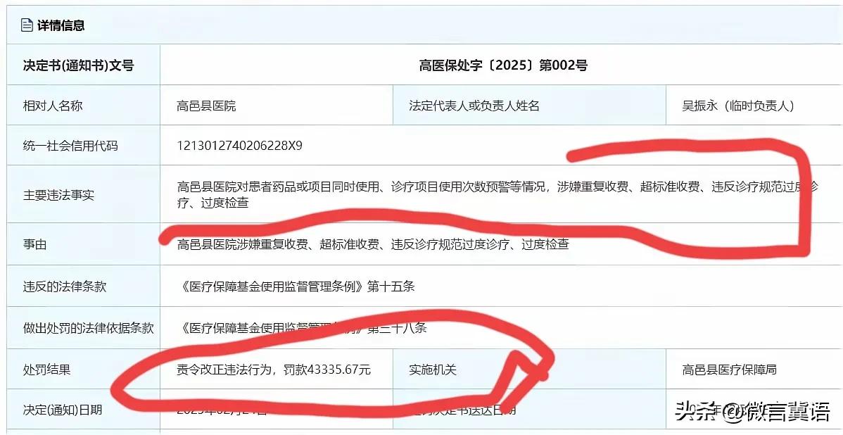 【高邑县医院，被罚】一共2个被罚！第一个罚款43335.67元。第2个被罚款，3