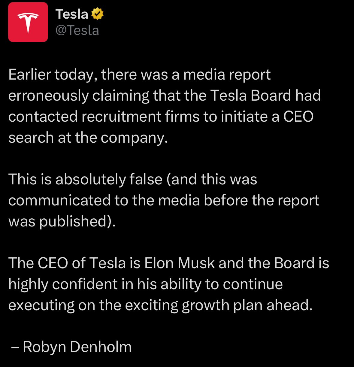 特斯拉否认聘请新的CEO人选，表示董事会对马斯克的能力高度有信心 ​​​