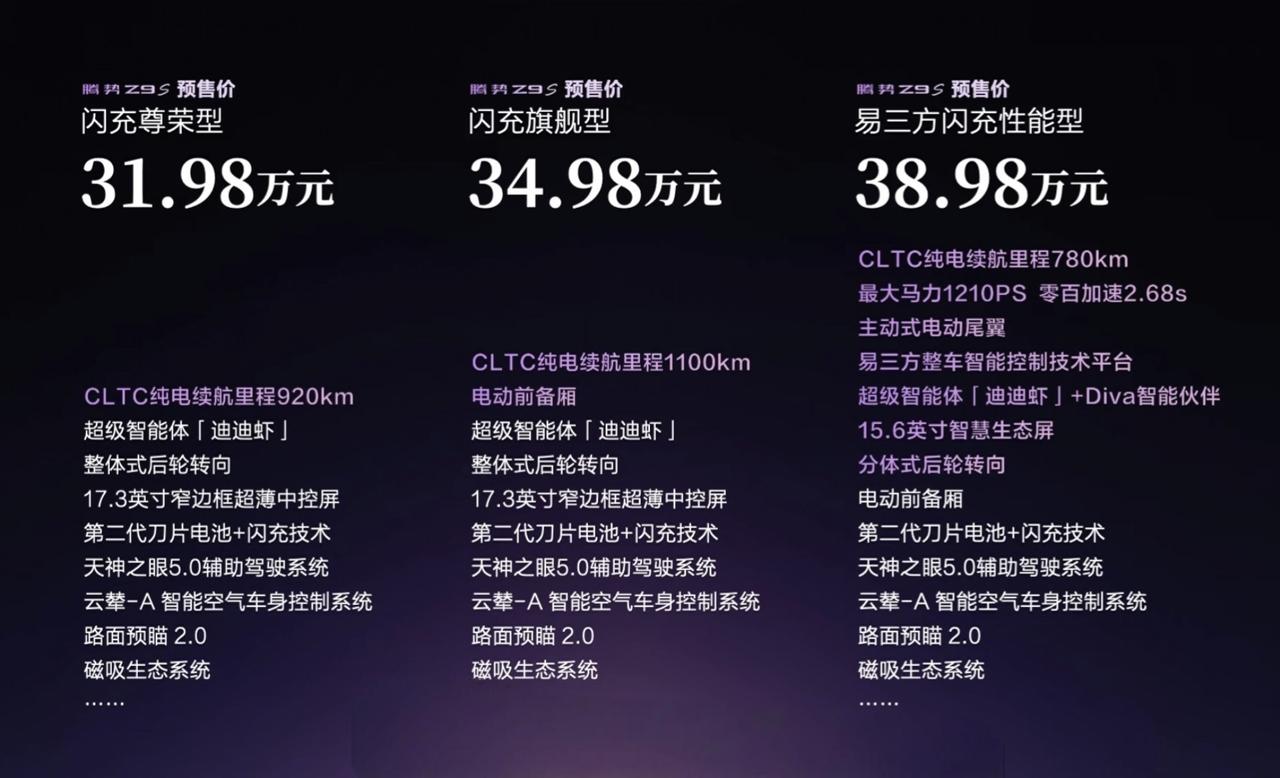 腾势Z9S预售价31.98万起，参数拉满，价格也拉满了。

问题是——多花两万，