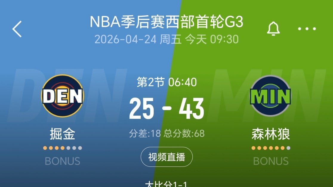 森林狼领先掘金18分！ nba季后赛 掘金vs森林狼