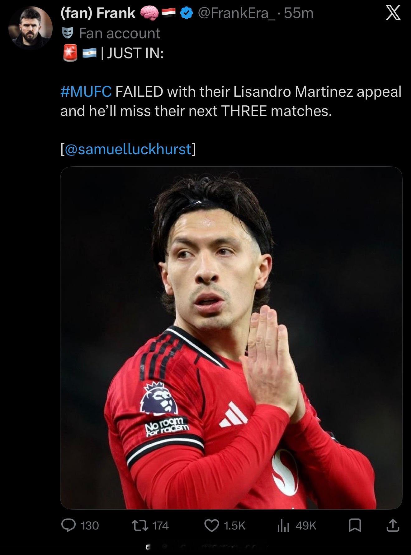 曼联上诉失败，利马因为直红被停赛三场失败没有追加啊，英足总对曼联网开一面还不谢恩