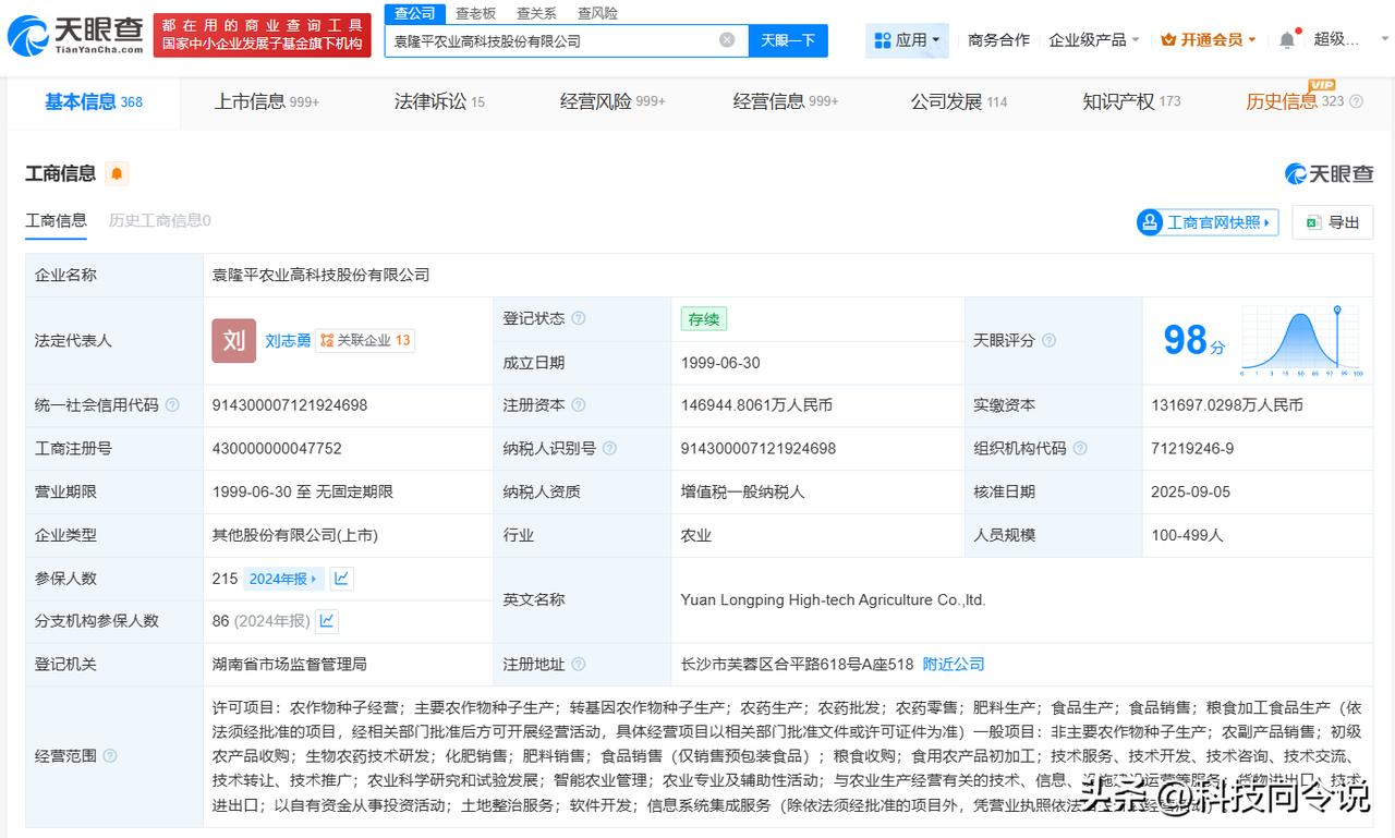 【隆平高科增资至14.69亿 增幅约11.58%】
天眼查工商信息显示，近日，隆