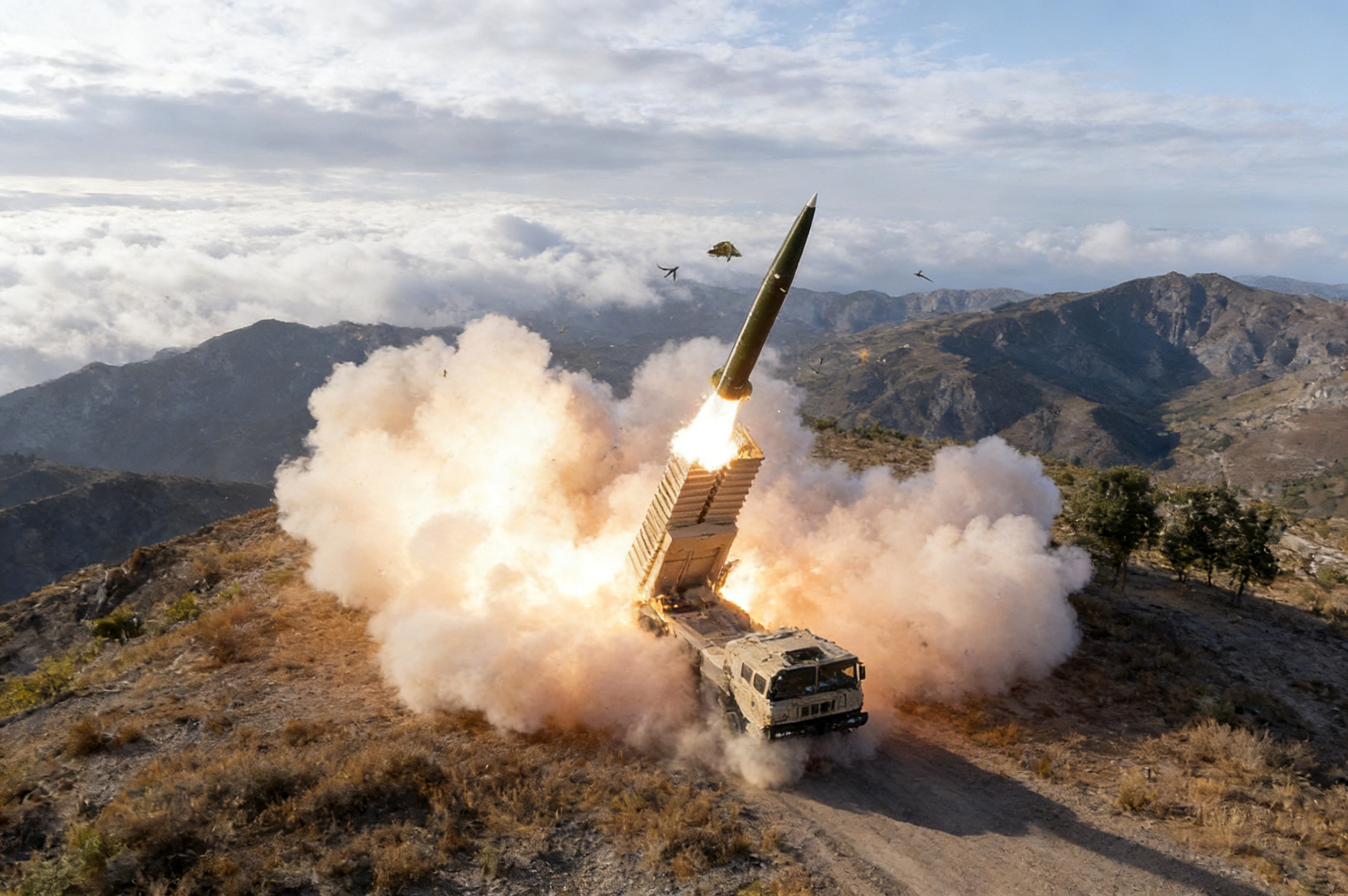 兔子AR-3模块化远程火箭炮系统发射“火龙”480战术弹道导弹。 