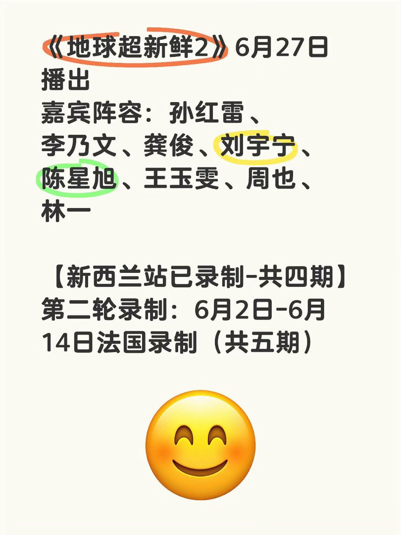 《地球超新鲜2》6月27日播出嘉宾阵容：孙红雷、李乃文、龚俊、刘宇宁、陈星旭、王