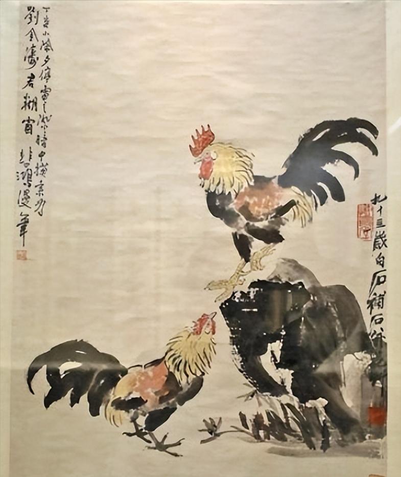 1947年除夕，徐悲鸿为刘金涛作画，刚画两只公鸡，停电了。眼看无法完成，徐悲鸿便