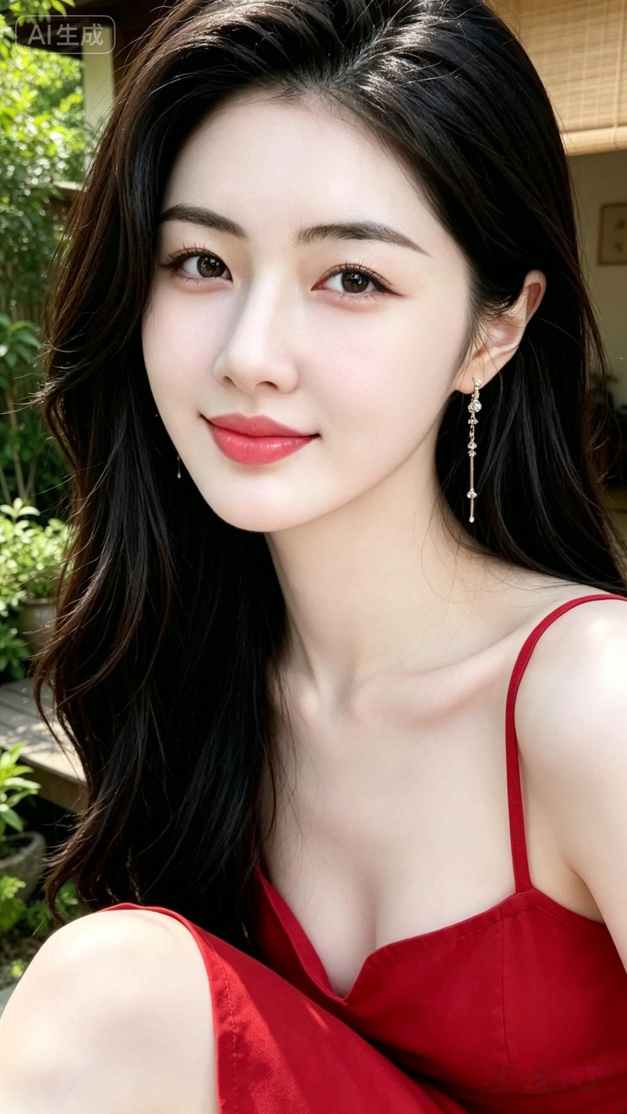 甜美少女风，红裙搭配长卷发，清新自然，气质出众！🌸💖