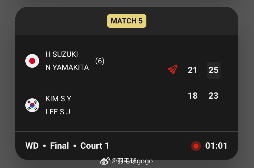 2025年韩国羽毛球大师赛 女双决赛  🇯🇵钟木阳向/山北奈绪 21-18 