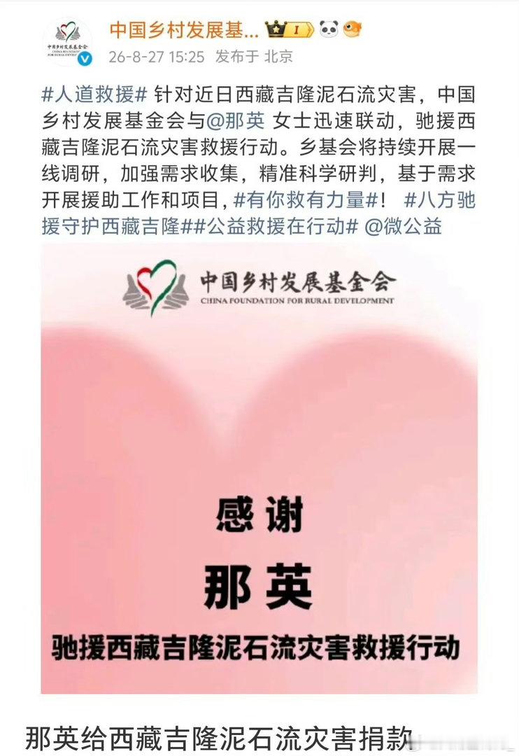那英驰援西藏那英给西藏吉隆泥石流灾害捐款中国乡村发展基金会发了感谢那英驰援西藏吉