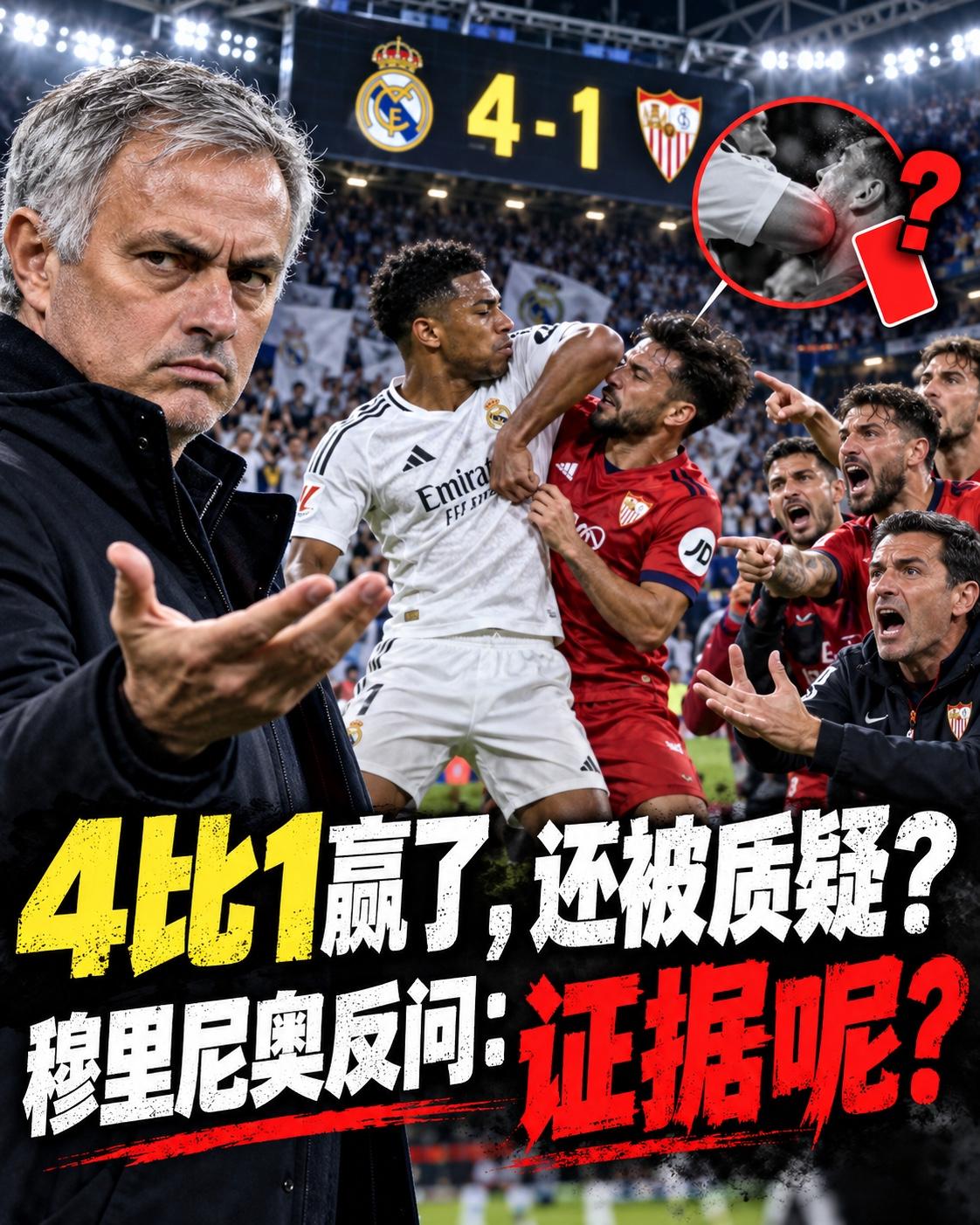 4比1大胜，穆里尼奥却被追问一张红牌：他一句反问，又把争议顶了回去

穆里尼奥带