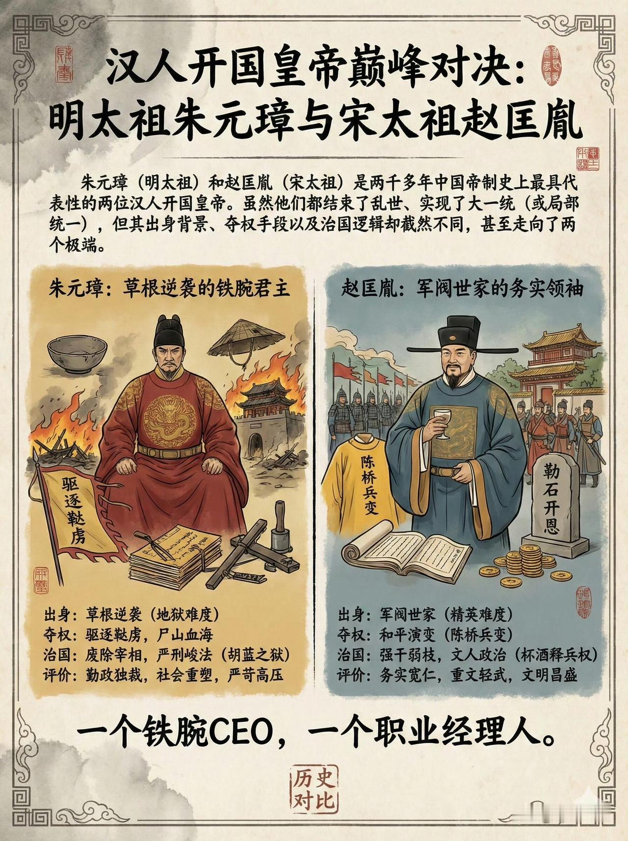 朱元璋 vs 赵匡胤：草根帝王与精英领袖的极致人生对照
同样是汉人开国帝王，一个