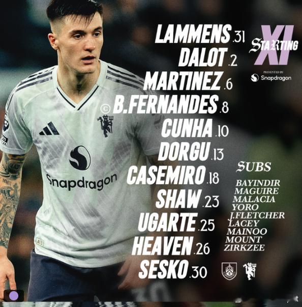 曼联首发：拉门斯，达洛特，利马，卢克肖，艾登海文，多尔古，卡塞米罗，乌加特，B费