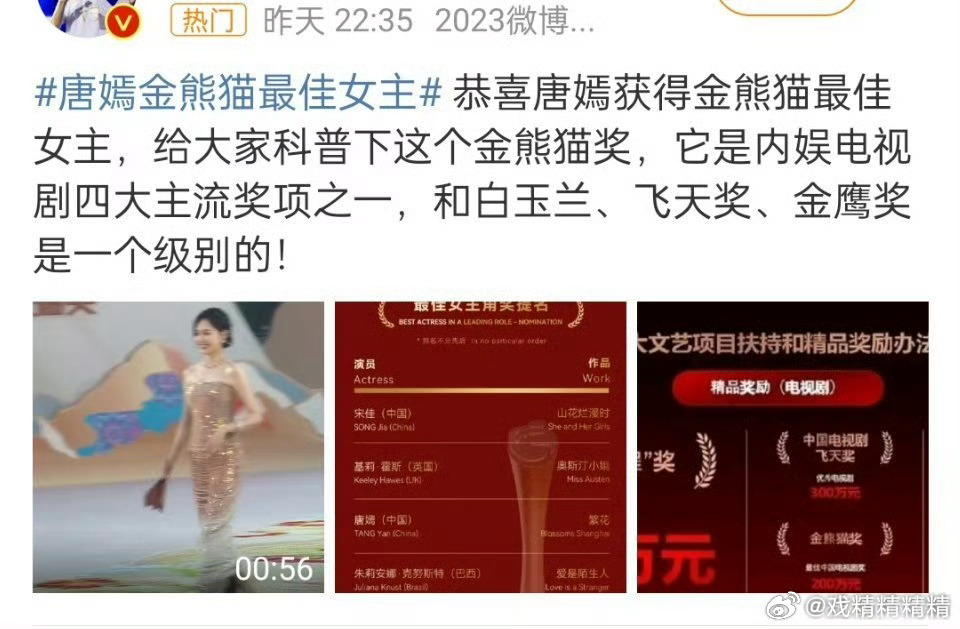 四大奖项含金量唐嫣粉丝说了，白玉兰、飞天奖、金鹰奖、金熊猫是主流四大奖项，是一个