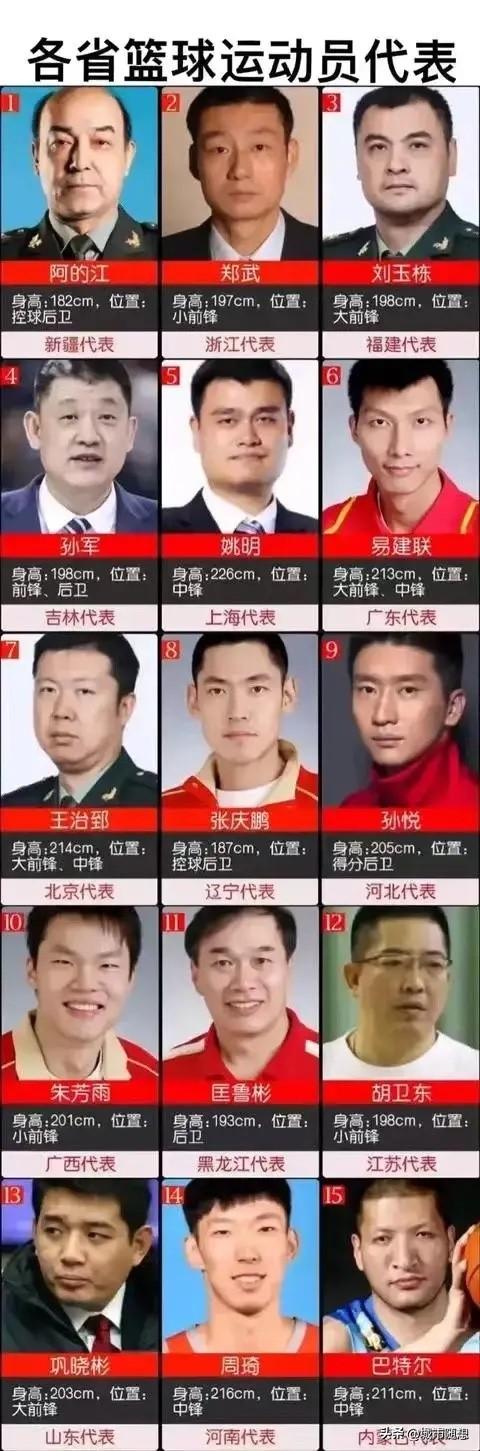 各省篮球运动员代表一览。

上海代表是姚明，北京代表是王治郅，河北代表是孙悦，内