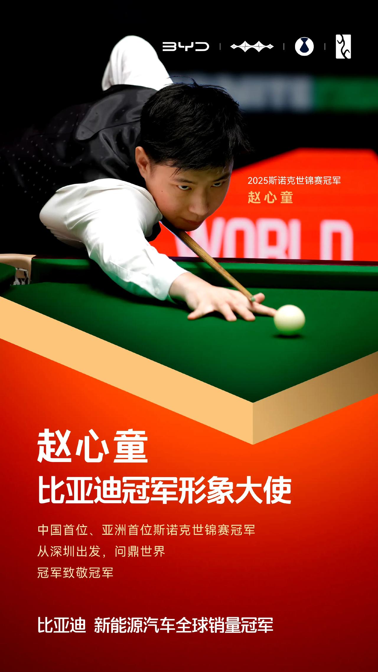 90后冠军携手，一路向前！

5月23日，比亚迪正式官宣：赵心童成为比亚迪冠军形