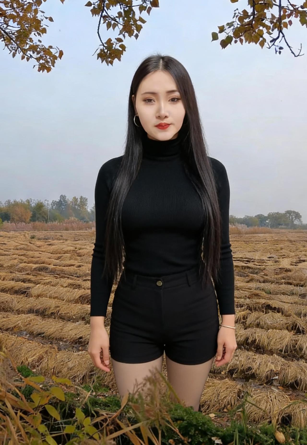 稻田收割后，留下满地枯黄
像铺开的旧宣纸，她站在上面
黑色的高领，黑色的短裤
是