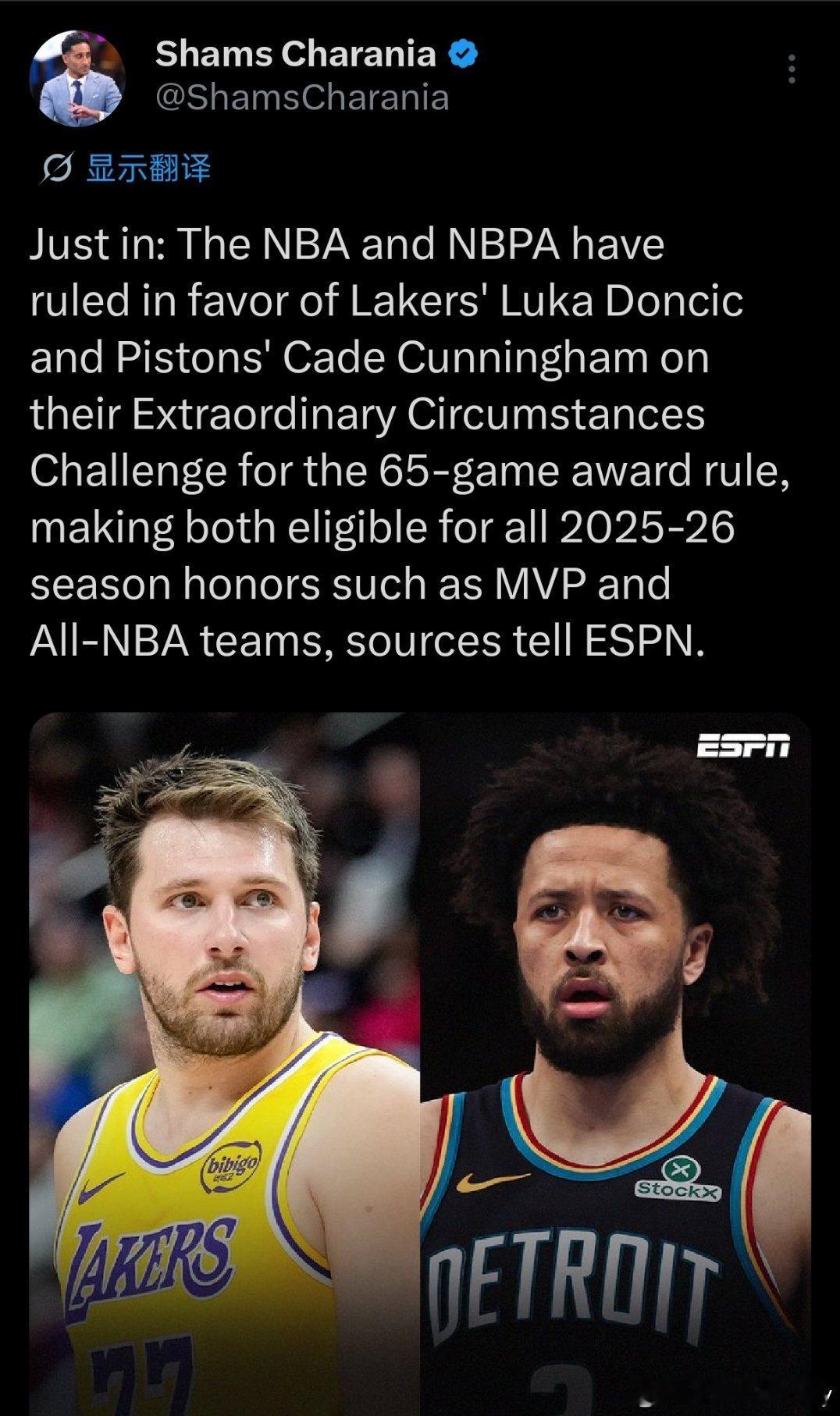 东契奇和坎宁安申诉成功！有资格评选赛季各大奖项！🧐Shams：NBA与球员工会