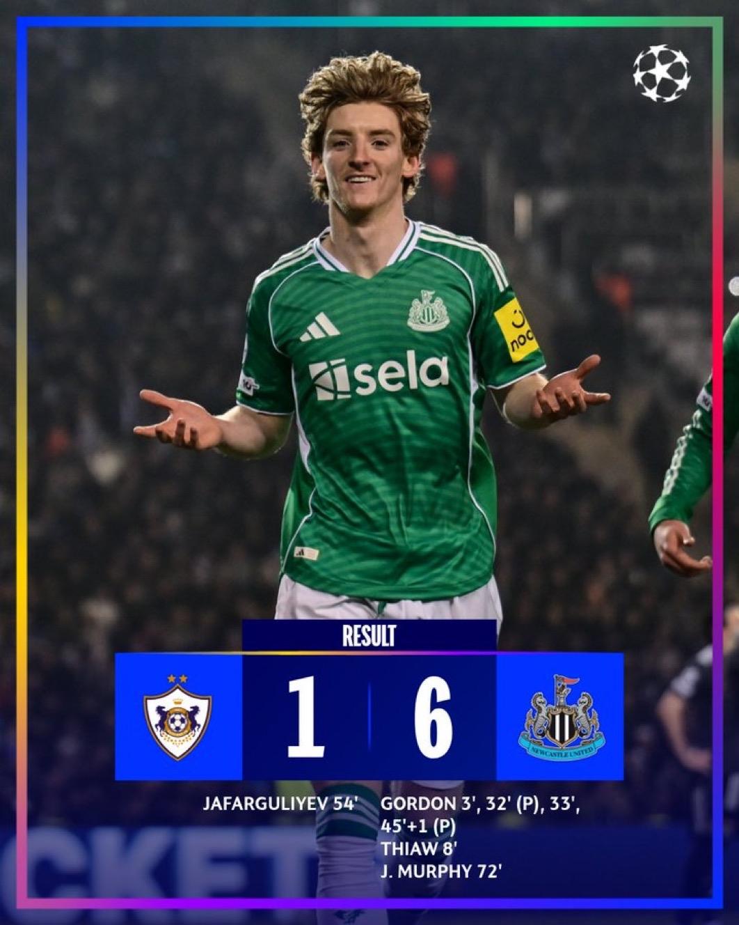 2月19日欧冠淘汰赛1/16决赛战报（4场）：

卡拉巴赫1-6纽卡斯尔联队
布