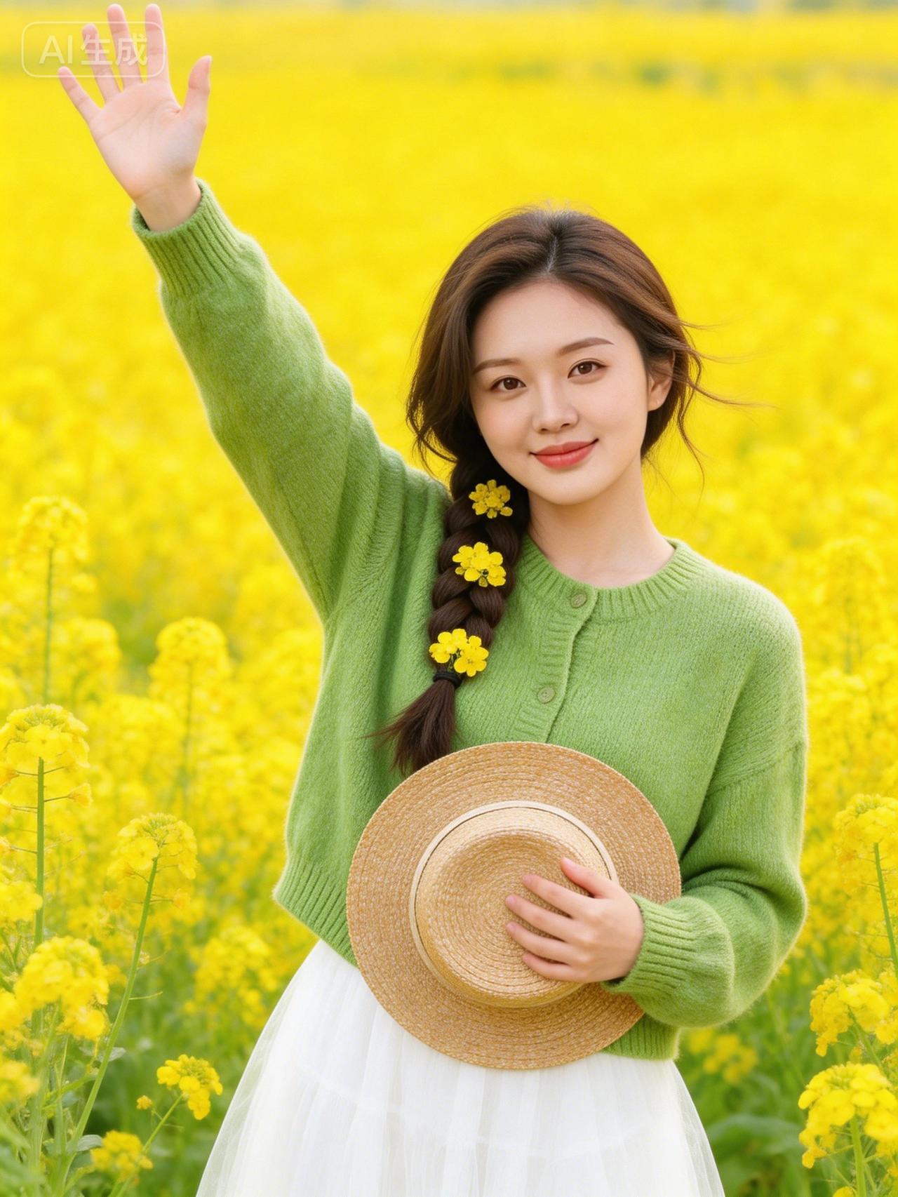 春日野餐，花海中的甜美女