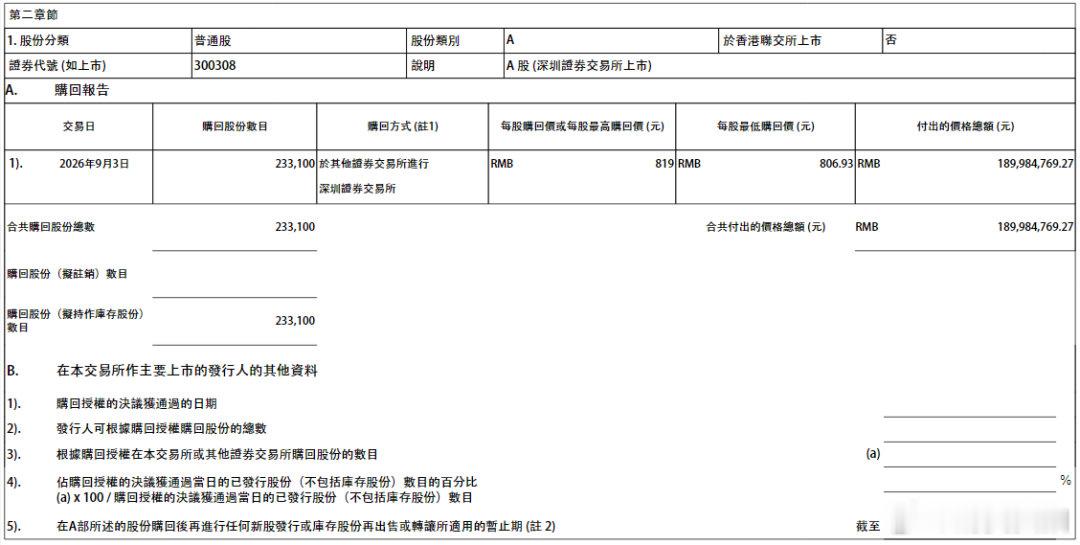 【中际旭创连续3日回购】中际旭创近日持续推进股份回购计划。自9月1日首次实施回购