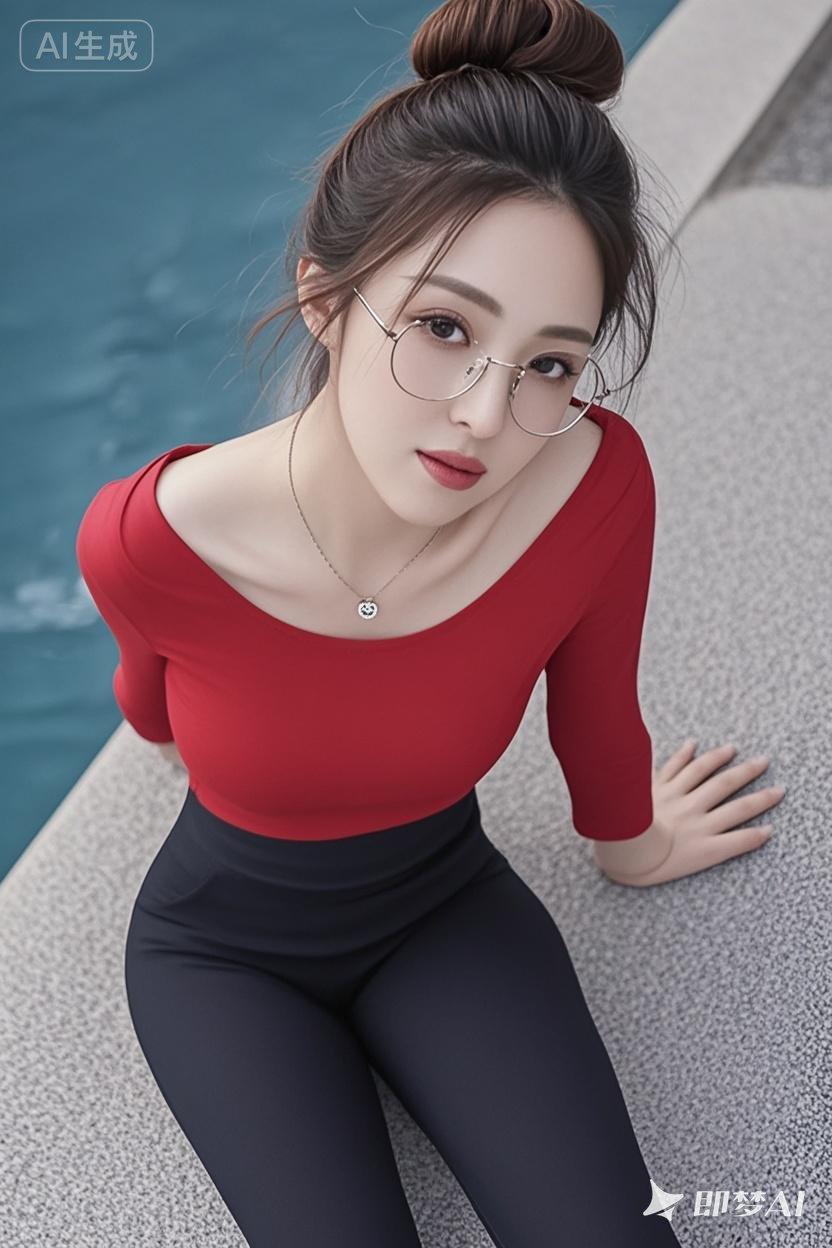 优雅红衣，时尚眼镜，泳池边上的迷人风景