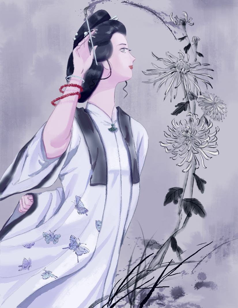 4119【】宝钗画菊，诗馀戏笔不知狂，岂是丹青费较量。 　　聚叶泼成千点墨，攒花