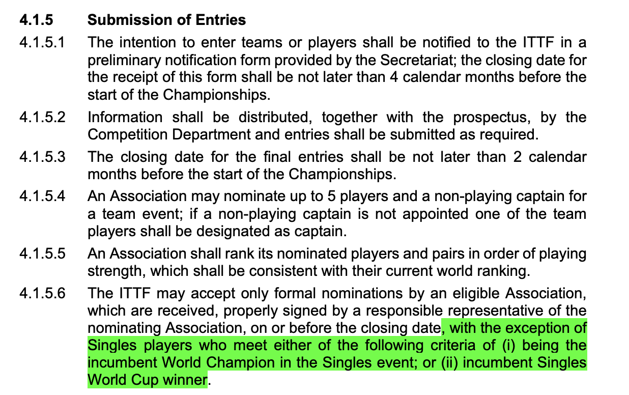 2026ITTF手册更新丨世锦赛变更内容【世锦赛现任单打冠军&世界杯现任单打冠军