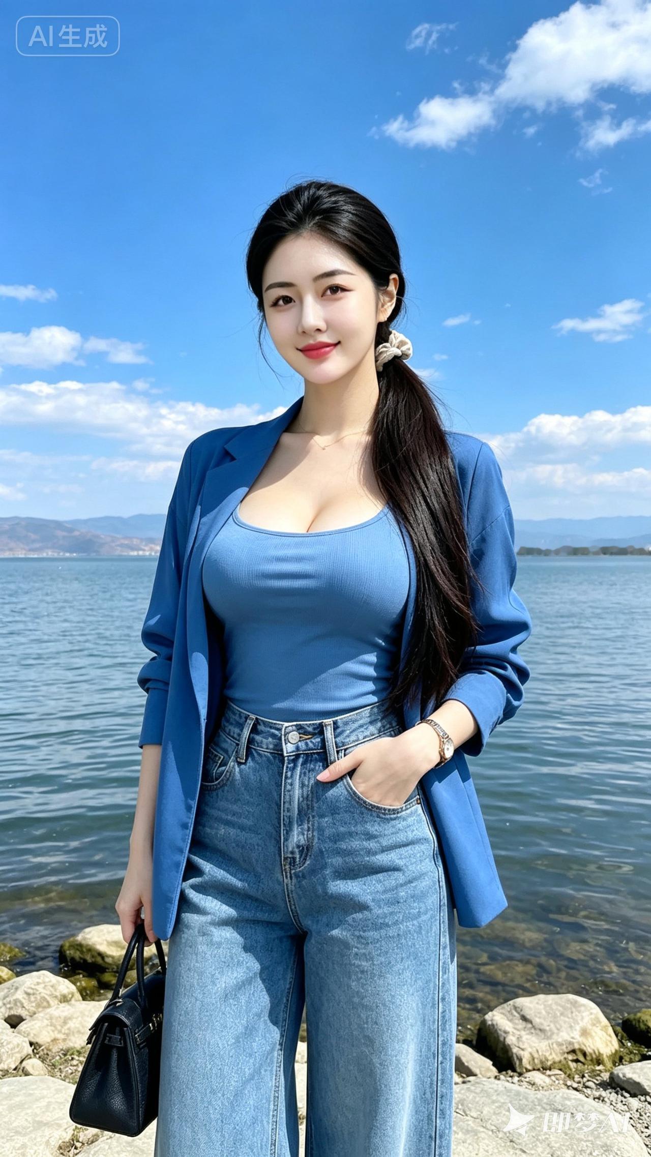 一个漂亮女孩在湖边拍照。