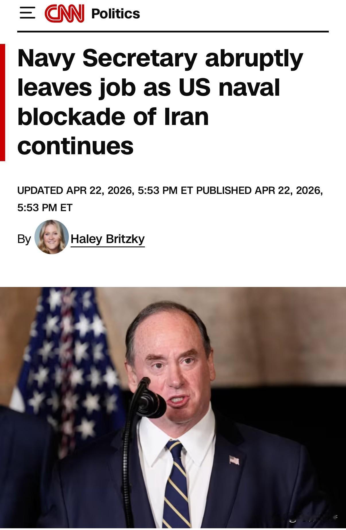 在美国对伊朗的海上持续封锁时，美国海军方面的主管（或叫联席会议主席）突然宣布卸任