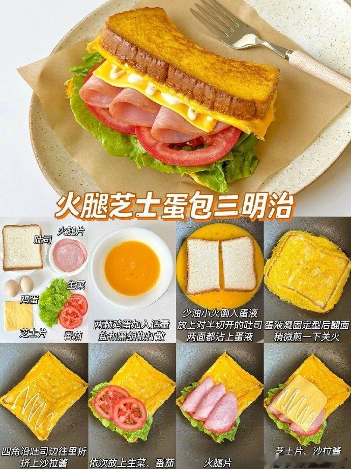 自制6️⃣种蛋包三明治🥪吐司裹满蛋液煎的金黄焦香巨好吃🤗一口下去层次丰富，满
