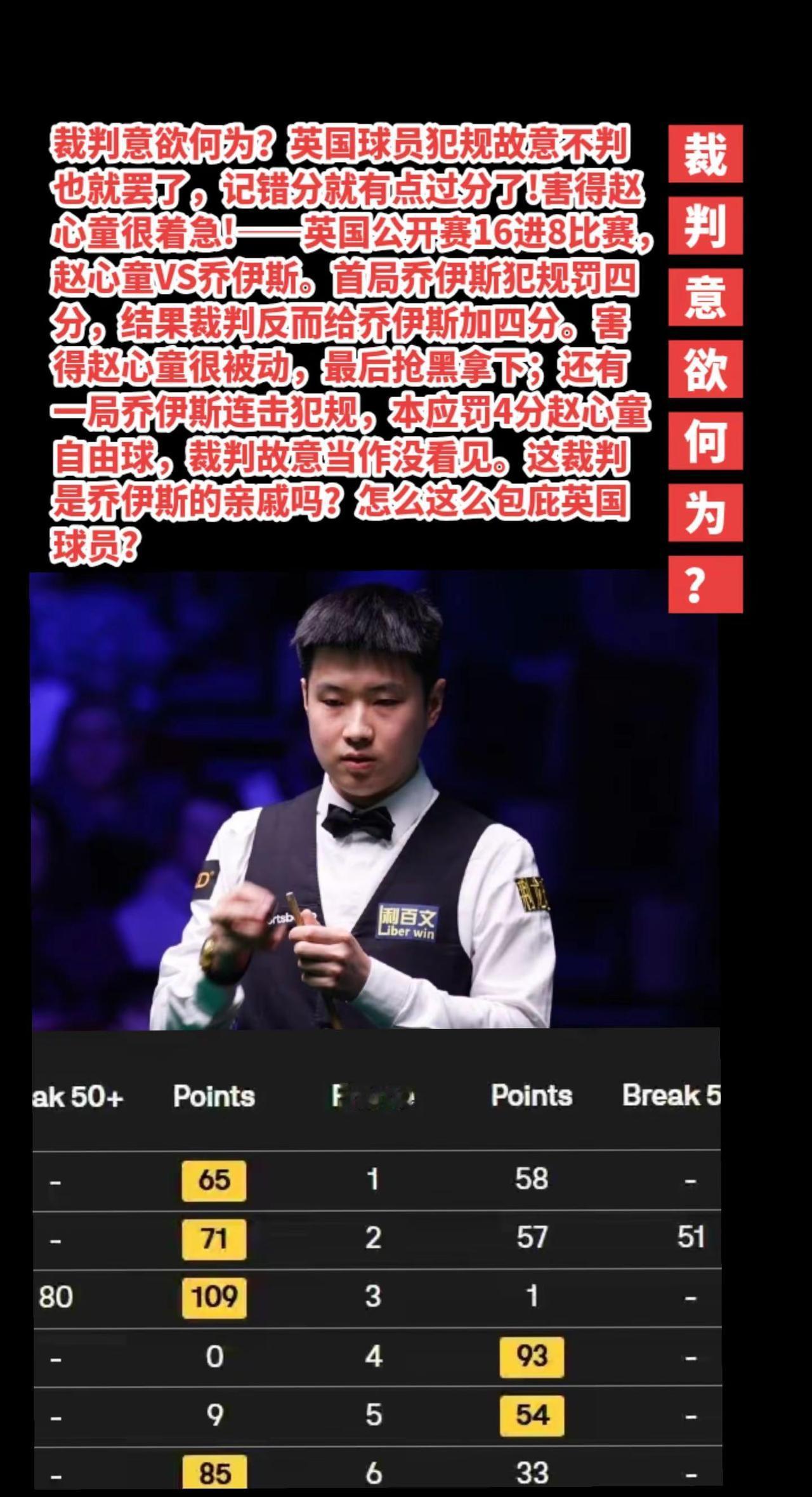 裁判连续重大失误，包庇英国球员为那般?赵心童
