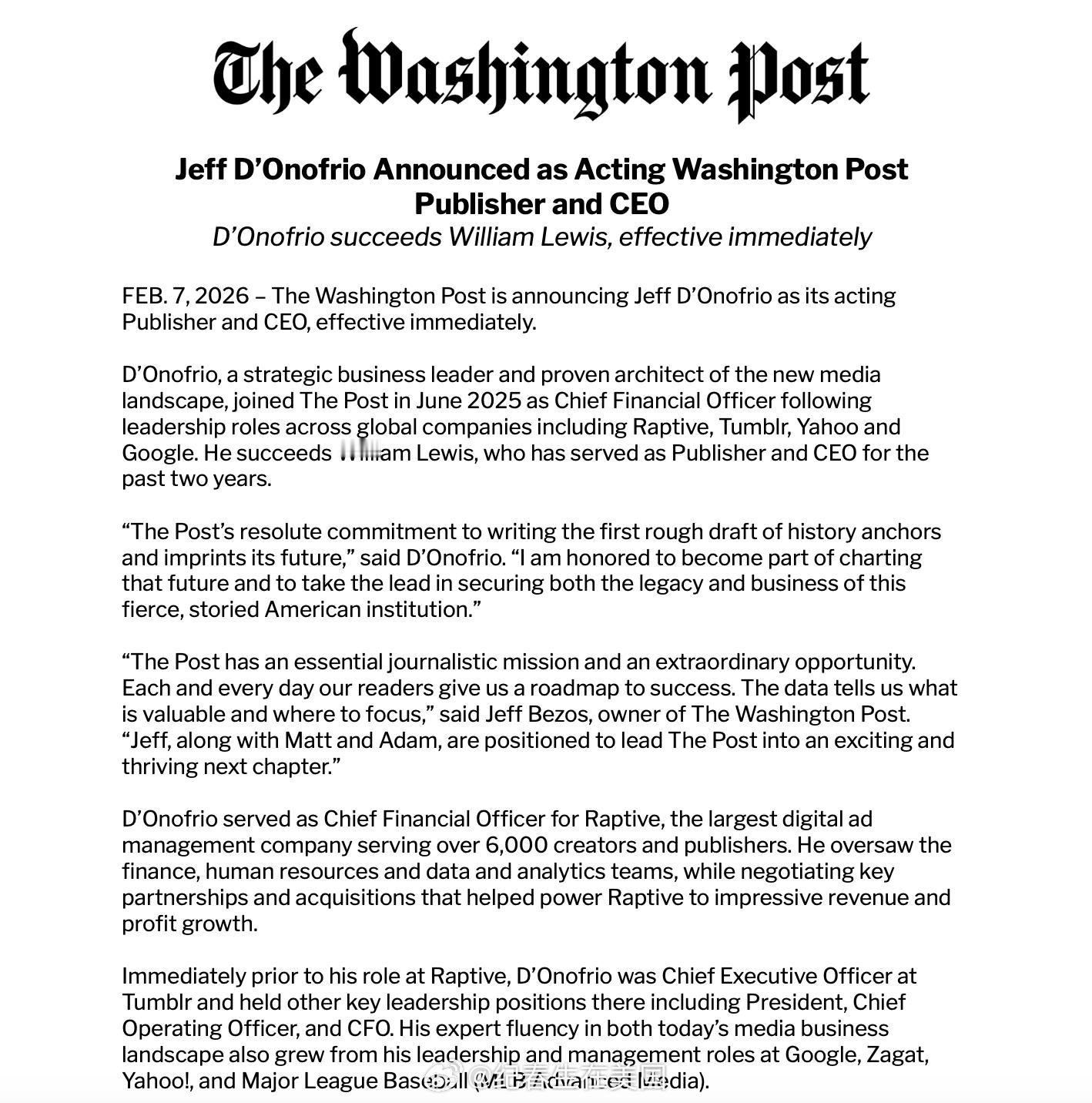 Lewis走后，Jeff D'Onofrio被任命为临时CEO。D'Onofri